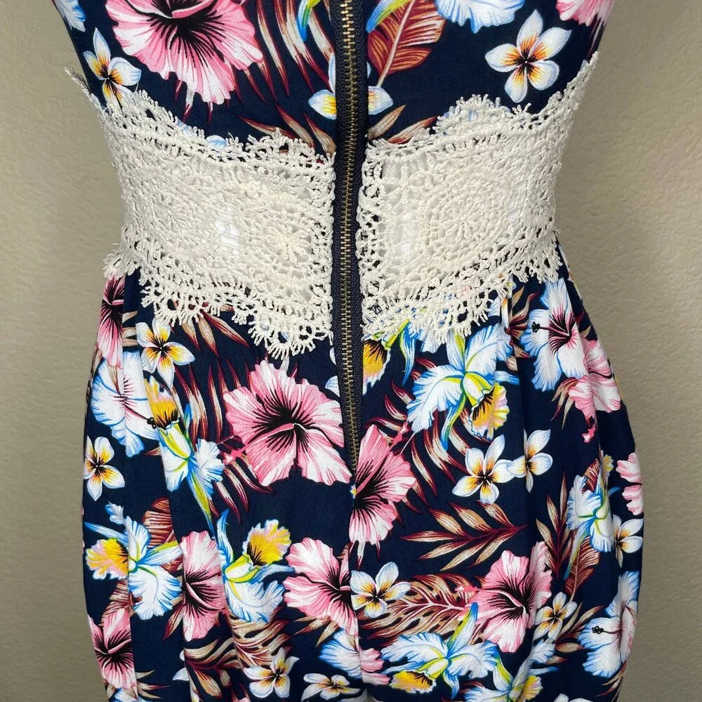 MAZE Tropical Floral Romper Lace Waist XL Navy Blue